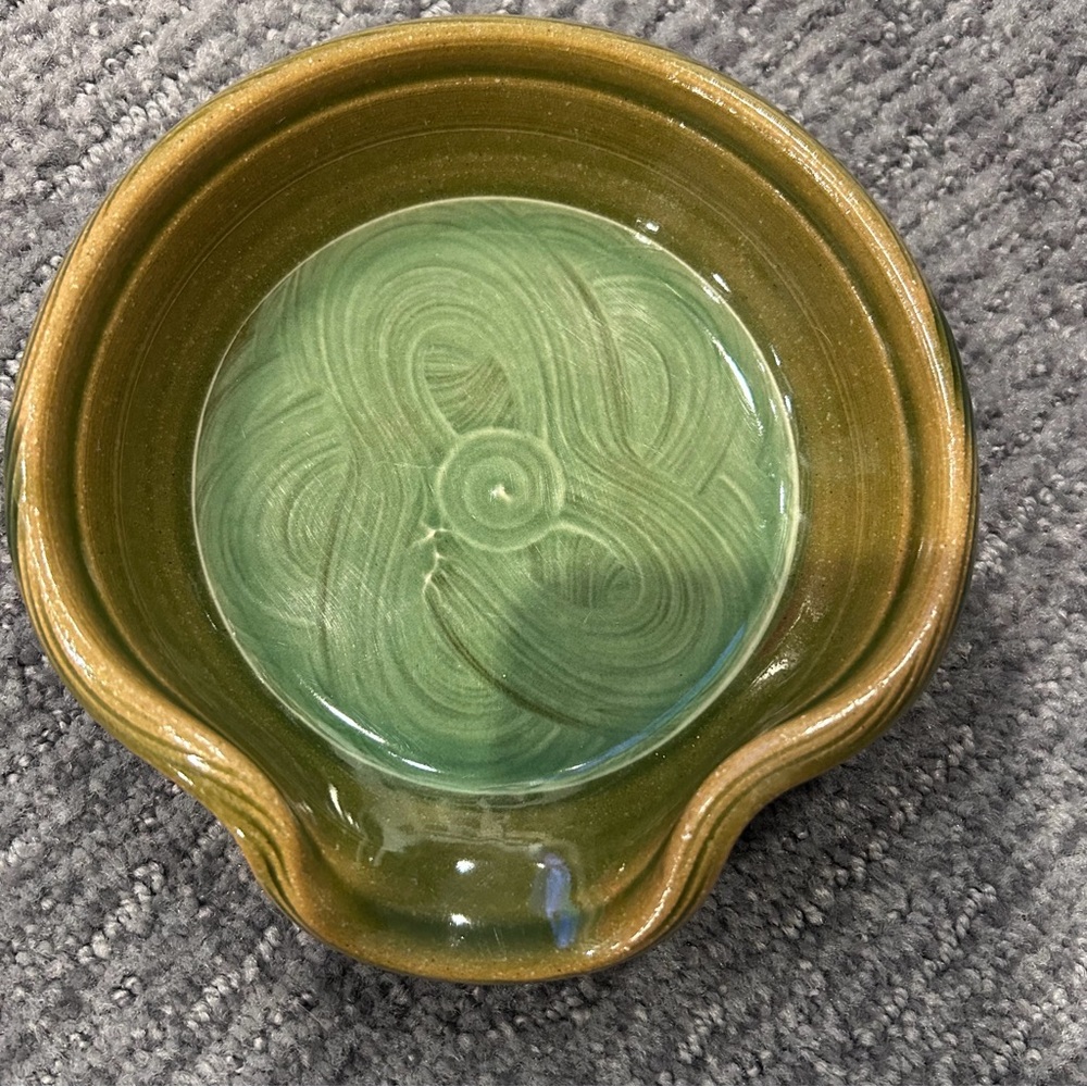 Handmade Green and Brown Studio Pottery Decorative Spoon Rest Signed